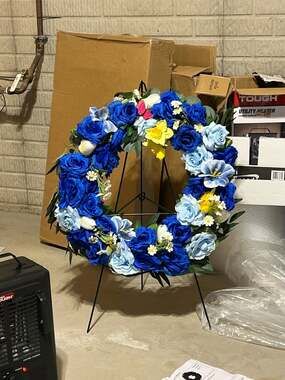 Blue and White Artificial Floral Memorial Wreath on Metal Stand